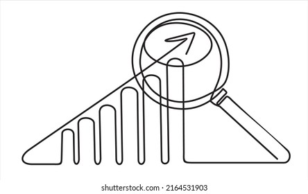 Continuous One Line Drawing Of Increasing Up Arrows Bar Graph  And Magnifying Glass. Search. Hand Drawn Design Vector Illustration.