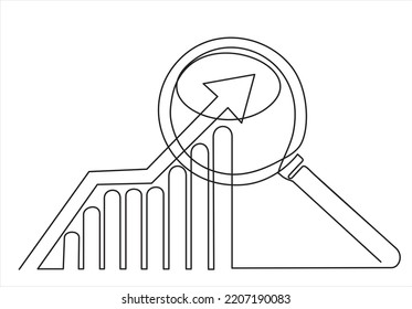 Continuous one line drawing of increasing up arrows bar graph  and magnifying glass. Search. Hand drawn design vector illustration.