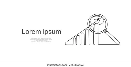 Continuous one line drawing of increasing up arrows bar graph  and magnifying glass. Search. Hand drawn design vector illustration.