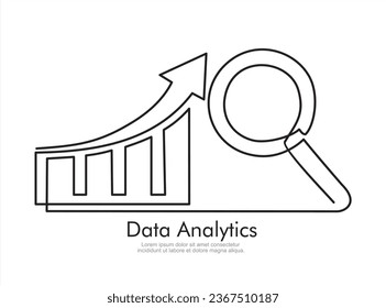 Continuous one line drawing of increasing up arrows bar graph  and magnifying glass. Data analytics. Search. Hand drawn design vector illustration.