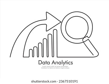 Continuous one line drawing of increasing up arrows bar graph  and magnifying glass. Data analytics. Search. Hand drawn design vector illustration.