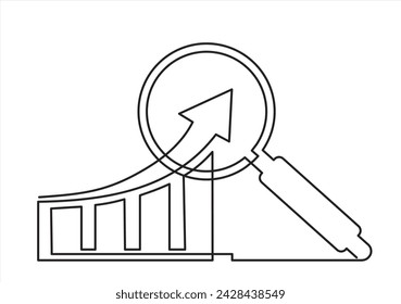 Continuous one line drawing of increasing up arrows bar graph and magnifying glass. Search. Hand drawn design vector illustration.