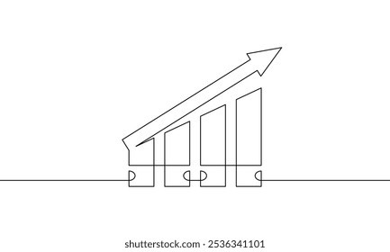 Dibujo continuo de una línea de flecha creciente hacia arriba. Una sola línea de arte de crecimiento empresarial. Icono plano del gráfico. Vector de ilustración del gráfico de barras	