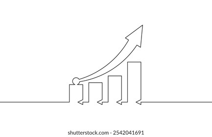 Desenho contínuo de uma linha de seta crescente para cima. Símbolo do sinal de crescimento da empresa. Vetor de ilustração do gráfico. Ícone plano do gráfico de barras. Arte com uma linha