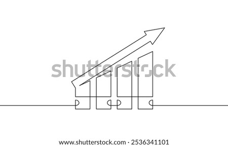 Continuous one line drawing of increasing arrow up. Single line art of business growth. Flat icon of graph. Illustration vector of bar chart	