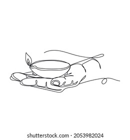 Continuous one line drawing of indian festival Diwali lamp in hand in silhouette on a white background. Linear stylized.