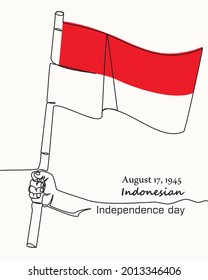 Continuous one Line drawing of Indonesian flag - Bendera Indonesia - 17 August 1945, Happy Indonesia Independent Day. Template of greeting card, banner. Vector illustration of waving Indonesia flags.
