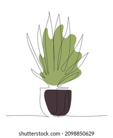 Continuous one line drawing of indoor plant in a pot. Vector illustration on isolated background.