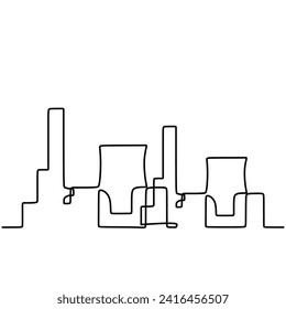 Continuous one line drawing industrial plant outline. Factory architecture buildings and landmark. Air pollution ecology concept.