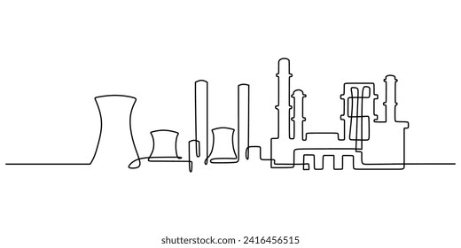 Continuous one line drawing industrial plant outline. Factory architecture buildings and landmark. Air pollution ecology concept.