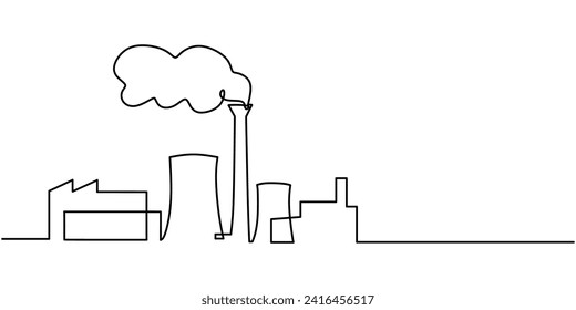 Esquema continuo de la planta industrial en un plano de línea. Edificios de arquitectura de fábrica y monumentos. Concepto de ecología de la contaminación del aire.