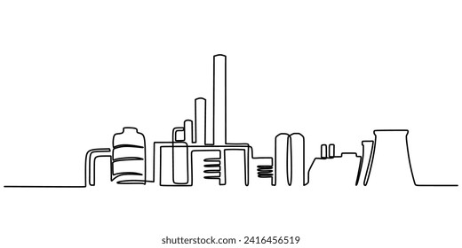 Esquema continuo de la planta industrial en un plano de línea. Edificios de arquitectura de fábrica y monumentos. Concepto de ecología de la contaminación del aire.