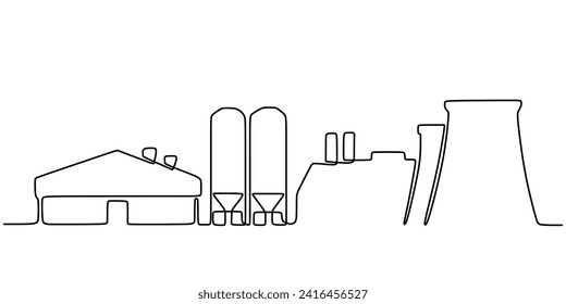 Continuous one line drawing industrial plant outline. Factory architecture buildings and landmark. Air pollution ecology concept.