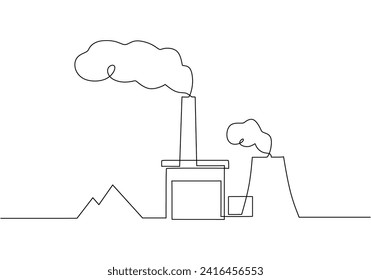 Esquema continuo de la planta industrial en un plano de línea. Edificios de arquitectura de fábrica y monumentos. Concepto de ecología de la contaminación del aire.