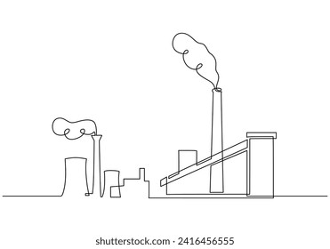 Esquema continuo de la planta industrial en un plano de línea. Edificios de arquitectura de fábrica y monumentos. Concepto de ecología de la contaminación del aire.