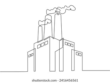 Continuous one line drawing industrial plant outline. Factory architecture buildings and landmark. Air pollution ecology concept.