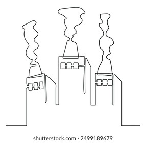 Continuous one line drawing industrial plant outline. Factory architecture buildings and landmark. Air pollution ecology concept.