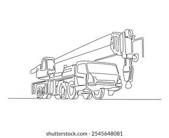 Continuous one line drawing of industrial truck crane. Construction mobile crane in single line vector illustration.