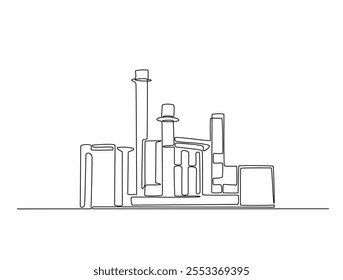 Continuous one line drawing of industrial plant construction. Factory architecture buildings illustration. Editable vector. 