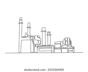 Continuous one line drawing of industrial plant construction. Factory architecture buildings illustration. Editable vector. 