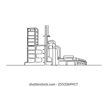 Desenho contínuo de uma linha de construção de instalações industriais. Ilustração de edifícios de arquitetura de fábrica. Vetor editável. 
