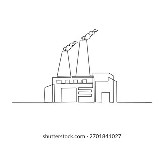 Kontinuierliche Einzeilenzeichnung eines industriellen Kraftwerks. Kraftwerk, Fabrikgebäude in einer Vektorgrafik mit einem Umriss. Bearbeitbarer Strich.