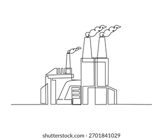 Kontinuierliche Einzeilenzeichnung eines industriellen Kraftwerks. Kraftwerk, Fabrikgebäude in einer Vektorgrafik mit einem Umriss. Bearbeitbarer Strich.