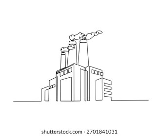 Desenho contínuo de uma linha de central elétrica industrial. Usina de energia, construção de fábrica em ilustração vetor de contorno único. Traçado editável.