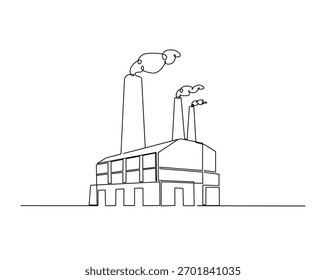 Kontinuierliche Einzeilenzeichnung eines industriellen Kraftwerks. Kraftwerk, Fabrikgebäude in einer Vektorgrafik mit einem Umriss. Bearbeitbarer Strich.