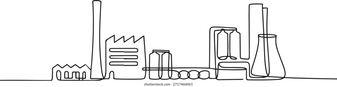 Contorno de planta industrial de dibujo continuo de una línea. Edificios de la arquitectura de la fábrica y Lugar famoso. una línea Dibujo del icono del arte
