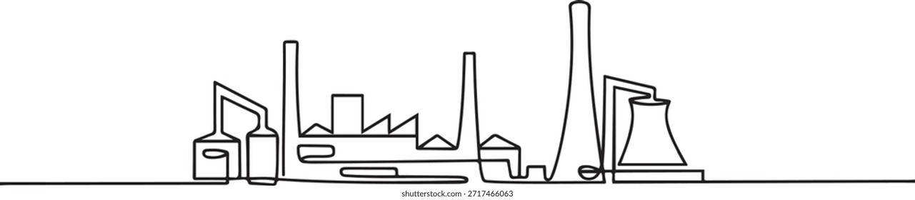 Contorno de planta industrial de dibujo continuo de una línea. Edificios de la arquitectura de la fábrica y Lugar famoso. una línea Dibujo del icono del arte
