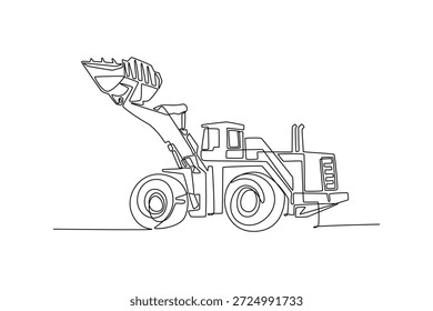 Durchgehende einzeilige Zeichnung Industrieradlader, Frontschaufel, große Reifen für die Materialhandhabung verwendet, Erdbewegung auf schweren Baustellen. Vektorgrafik mit einfarbiger Zeichnung