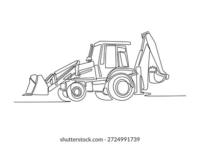Continuous one line drawing industrial backhoe loader, mechanical power of digging arm, front bucket in sophisticated professional industrial style. Single line draw design vector graphic illustration