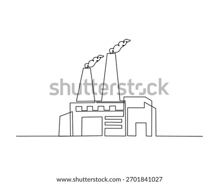 Continuous one line drawing of industrial power plant. Power plant, factory building in single outline vector illustration. Editable stroke.