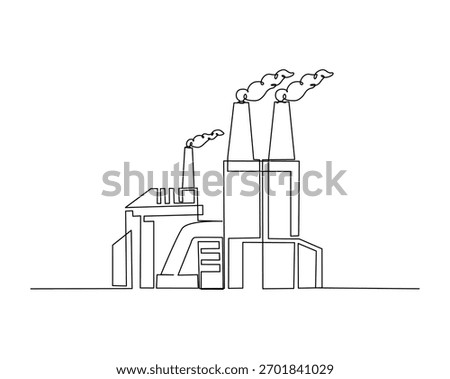 Continuous one line drawing of industrial power plant. Power plant, factory building in single outline vector illustration. Editable stroke.