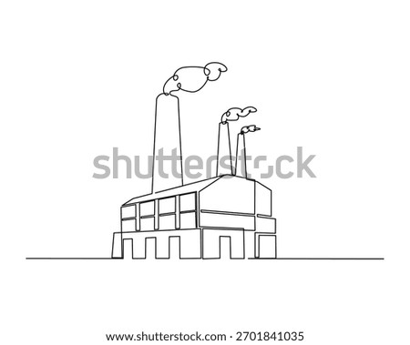 Continuous one line drawing of industrial power plant. Power plant, factory building in single outline vector illustration. Editable stroke.