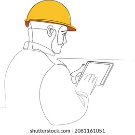 Dibujo continuo de una línea de ingeniero de mantenimiento de la industria con casco uniforme y de seguridad bajo inspección por tableta. Concepto mínimo de esquema. Ilustración del vector