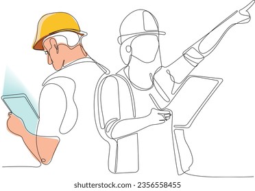 Dibujo continuo de una línea de la ingeniera de mantenimiento de la industria mujer con casco uniforme y de seguridad bajo inspección por tableta. Concepto mínimo de esquema