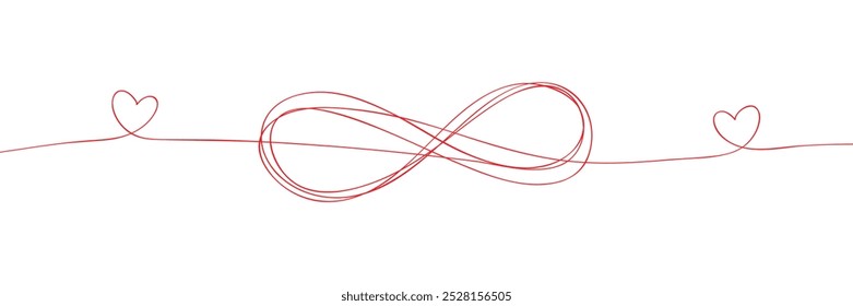 Continuous one line drawing of Infinity with hearts. Hand drawn forever love concept. Vector illustration.