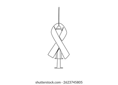 Continuous one line drawing injection with red ribbon as AIDS symbol. Vaccination is recommended to kill the virus. National HIV Vaccine Awareness Day. Single line draw design vector illustration