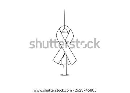 Continuous one line drawing injection with red ribbon as AIDS symbol. Vaccination is recommended to kill the virus. National HIV Vaccine Awareness Day. Single line draw design vector illustration