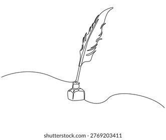 Continuous one line drawing of inkwell and feather pan. One line drawing illustration of inkwell and pen. Calligraphy concept single line. Editable outline