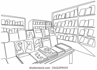 Continuous one line drawing the inside of the bookstore is full of shelves filled with books. Selling cheap and quality books. Independent Bookstore Day. Single line draw design vector illustration