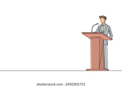 Kontinuierliche eine Linie Zeichnung inspirierende Geschäftsmann halten Rede auf dem Podium. Vermitteln Sie Tipps für den Erfolg in der Geschäftstätigkeit, indem Sie die Natur weiterhin erhalten. Vektorillustration des Zeichnens einer einzelnen Linie