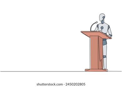 Continuous one line drawing inspirational robotic give speech at the podium. Convey tips for success in doing business by continuing to preserve nature. Single line draw design vector illustration