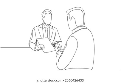 Continuous one line drawing of insurance agent explaining coverage and benefits to customer, getting life insurance concept, single line art