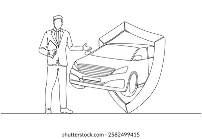 Continuous one line drawing of insurance salesman presenting shield with car inside, offering car insurance concept, single line art