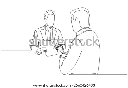 Continuous one line drawing of insurance agent explaining coverage and benefits to customer, getting life insurance concept, single line art