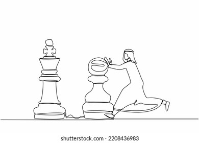 Continuous one line drawing intellect Arab businessman push huge pawn chess piece to beat king. Strategic thinking and smart move in business play game. Single line design vector graphic illustration
