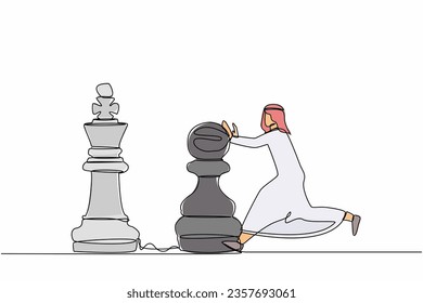 Continuous one line drawing intellect Arab businessman push huge pawn chess piece to beat king. Strategic thinking and smart move in business play game. Single line design vector graphic illustration